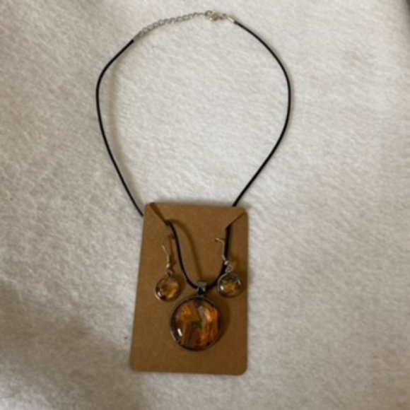 COPY - Abstract Acrylic Art Necklace And Earring Set In Pewter Bezel - Picture 9 of 13